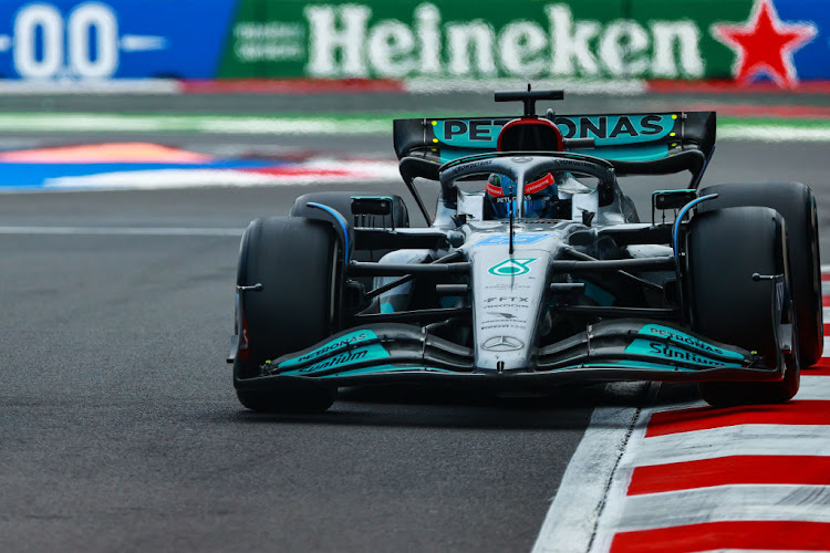 George Russell on track during the F1 Grand Prix of Mexico at Autodromo Hermanos Rodriguez on October 30 2022 in Mexico City.