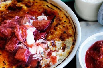 Caramel pudding with creme fraiche, rhubarb and vanilla