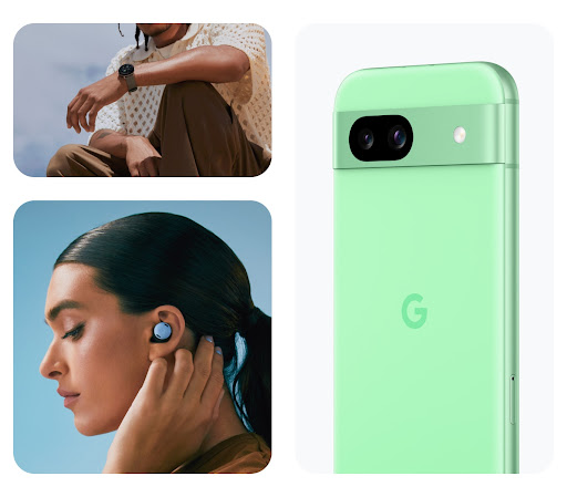 Eine Collage mit einer Person, die eine Pixel Watch 2 trägt, einer Person, die die Pixel Buds Pro in der Farbe Bay trägt, und der Rückseite eines Pixel 8a in der Farbe Aloe.