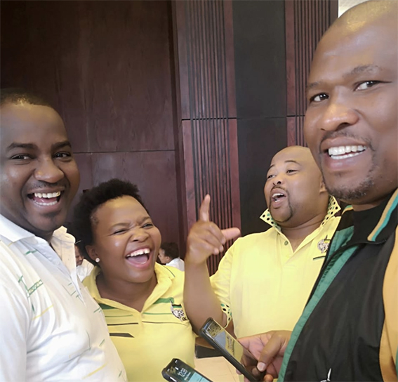 ANC leaders Antonio Carels (left) having a lighter moment with the party's provincial chairman Oscar Mabuyane during a lunch break at the East London ICC on Monday afternoon.