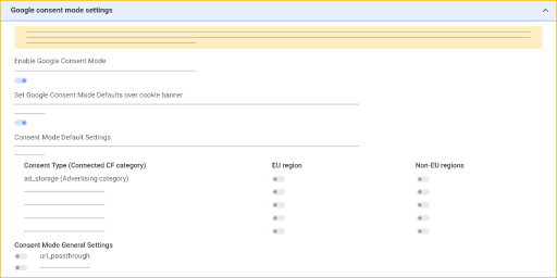 A screenshot showing Google Consent Mode Settings.