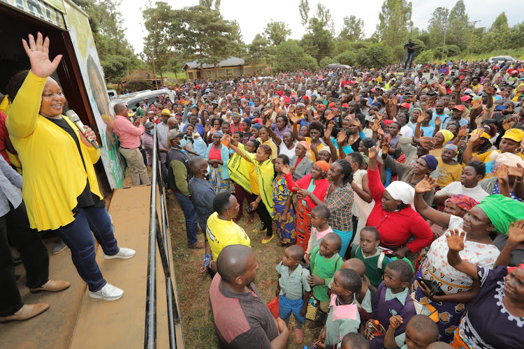 Kirinyaga Governor Ann Waiguru addressing Mwea residents on Thursday, June 23.