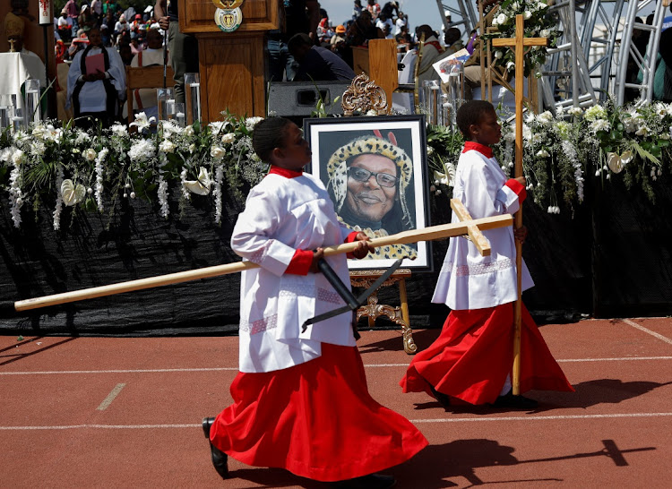 A portrait of Mangosuthu Buthelezi is seen at his state funeral in Ulundi on Saturday.