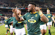 Siya Kolisi of the Springboks celebrates with fans during the international rugby match between South Africa and England at the Free State Stadium, Bloemfontein on June 16 2018.