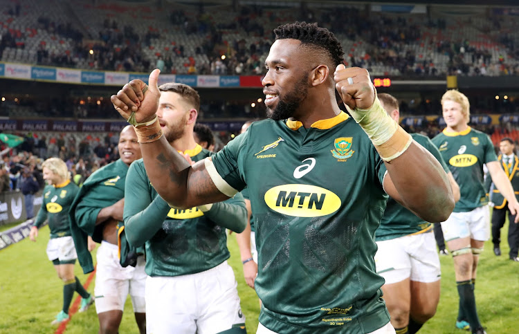 Siya Kolisi of the Springboks celebrates with fans during the international rugby match between South Africa and England at the Free State Stadium, Bloemfontein on June 16 2018.