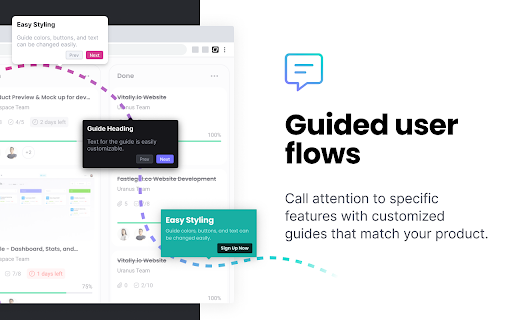 Guided user flows attention specific Styling features customized guides match product. 