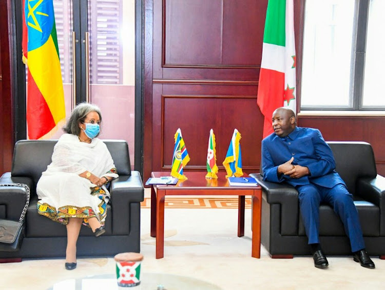 Ethiopia President Sahle-Work Zewde and her Burundi counterpart Évariste Ndayishimiye at Ntare House during her two-day visit on February 10, 2021.