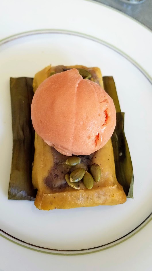 Desayuno PDX pop up inspired by the cuisine of Mexico City to benefit Pueblo Unido PDX, Tamal Dulce with banana leaf sweet tamal, roasted banana, guava sorbet, pepitas