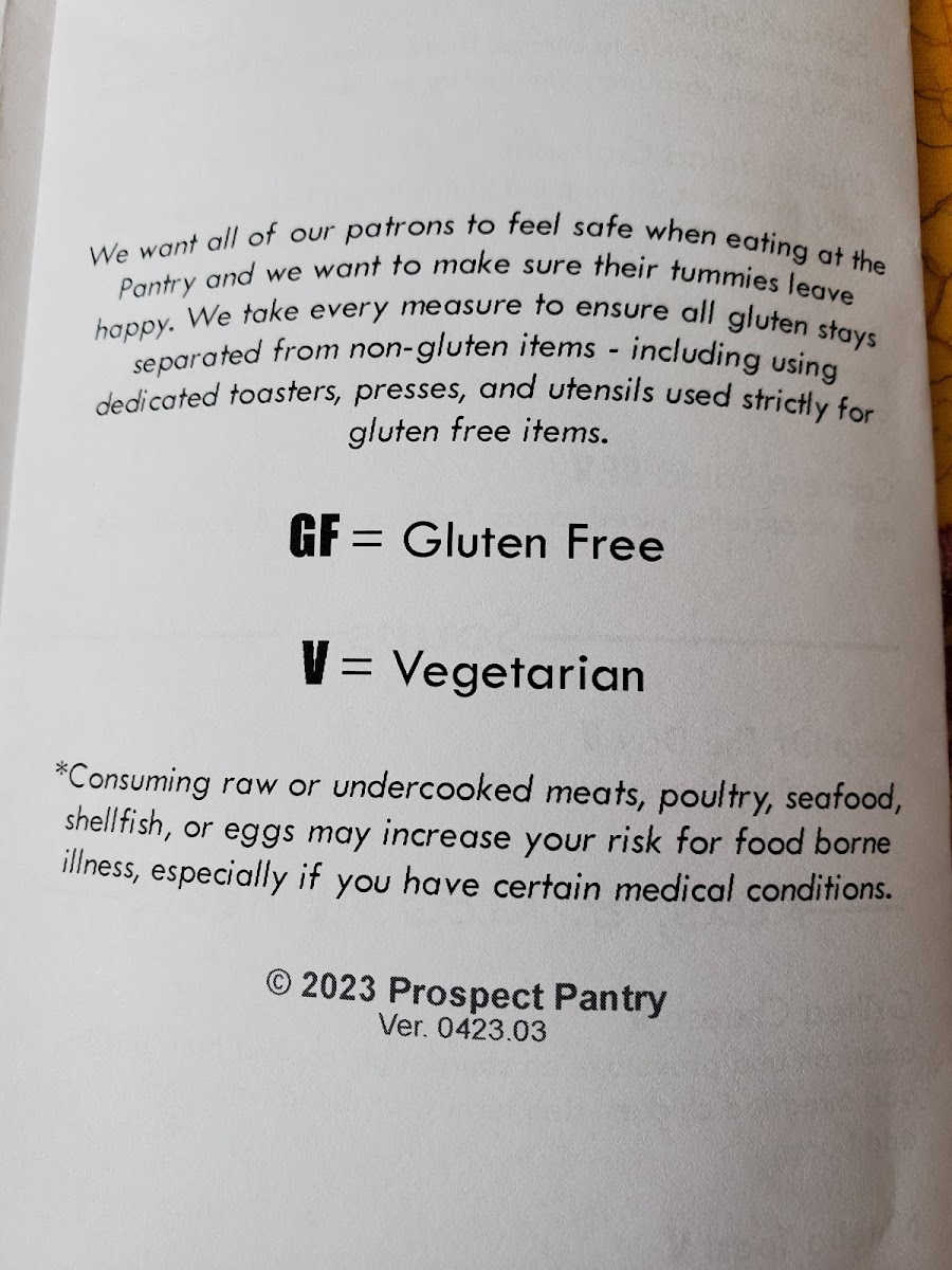 Prospect Pantry gluten-free menu