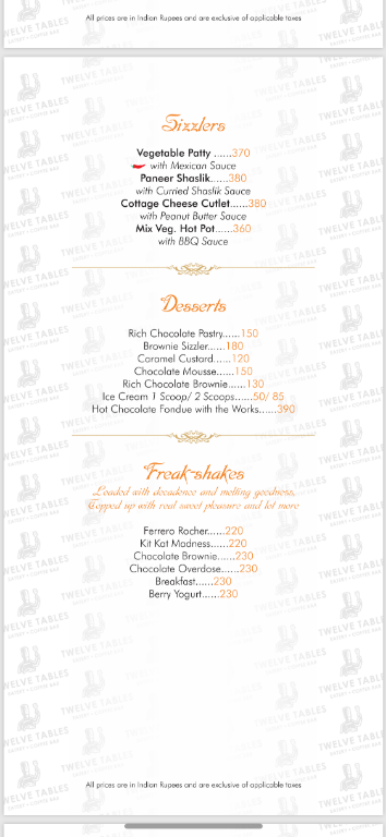 TWELVE TABLES Eatery CoffeeBar menu 