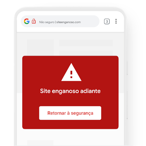 Um smartphone mostrando uma notificação de alerta do Google Chrome sobre um site enganoso