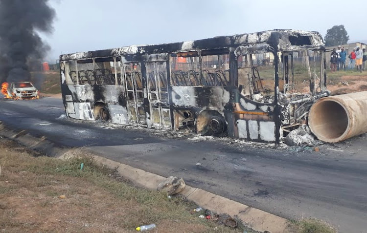 The remains of the Algoa bus that was torched by protesters on Wednesday morning