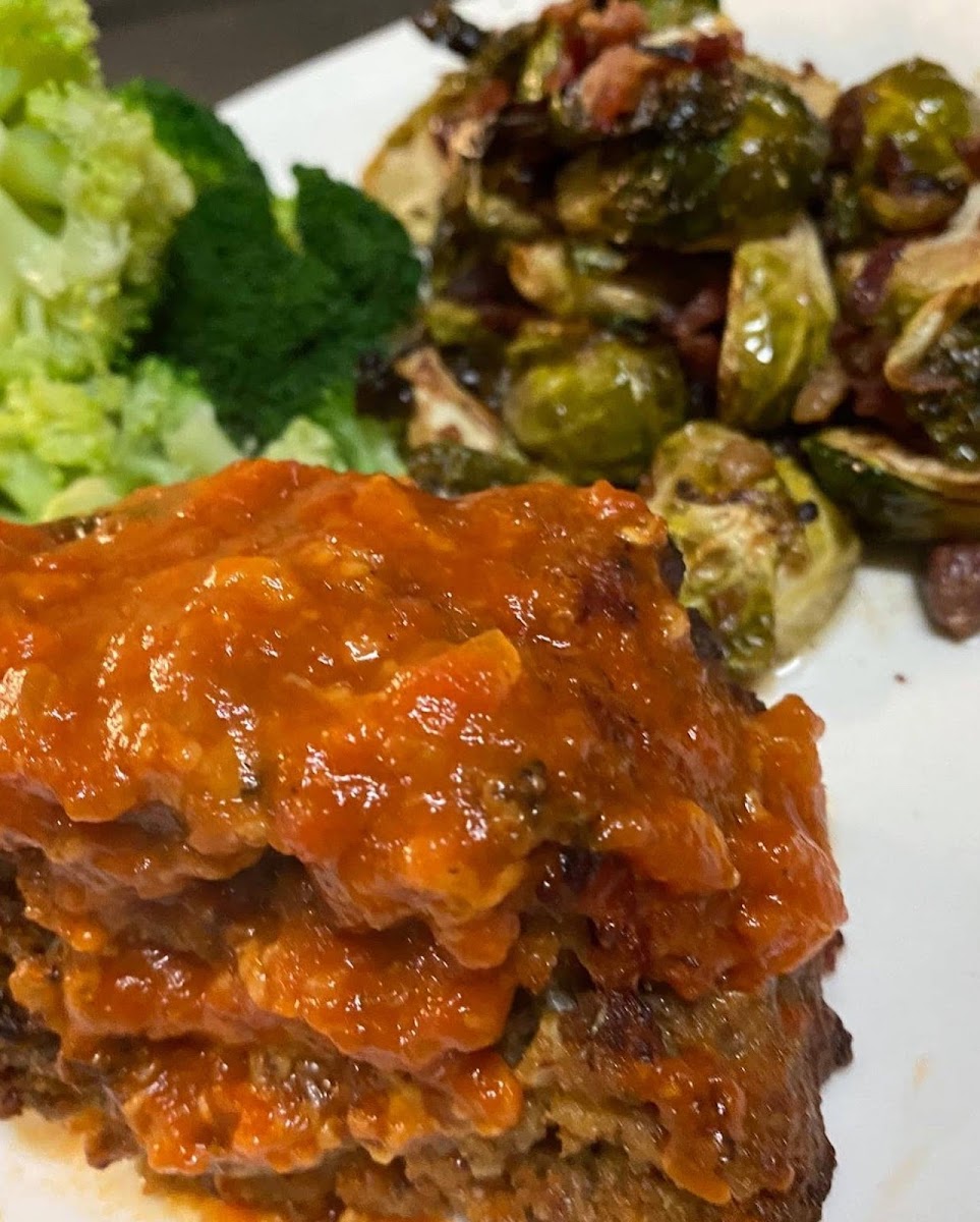 Meatloaf made with pork rinds, Brussel sprouts and steamed broccoli