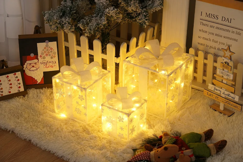 Kerstcadeaudoos verlichting met afstandsbediening Driedelige kerstdecoratie Eenvoudige bediening voor een feestelijke sfeer
