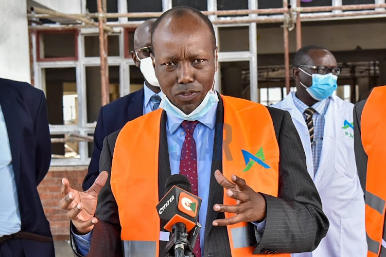 Governor Lee Kinyanjui addresses the media after inspecting the upcoming new outpatient wing T the Nakuru County Referral Hospital on June 9, 2020.