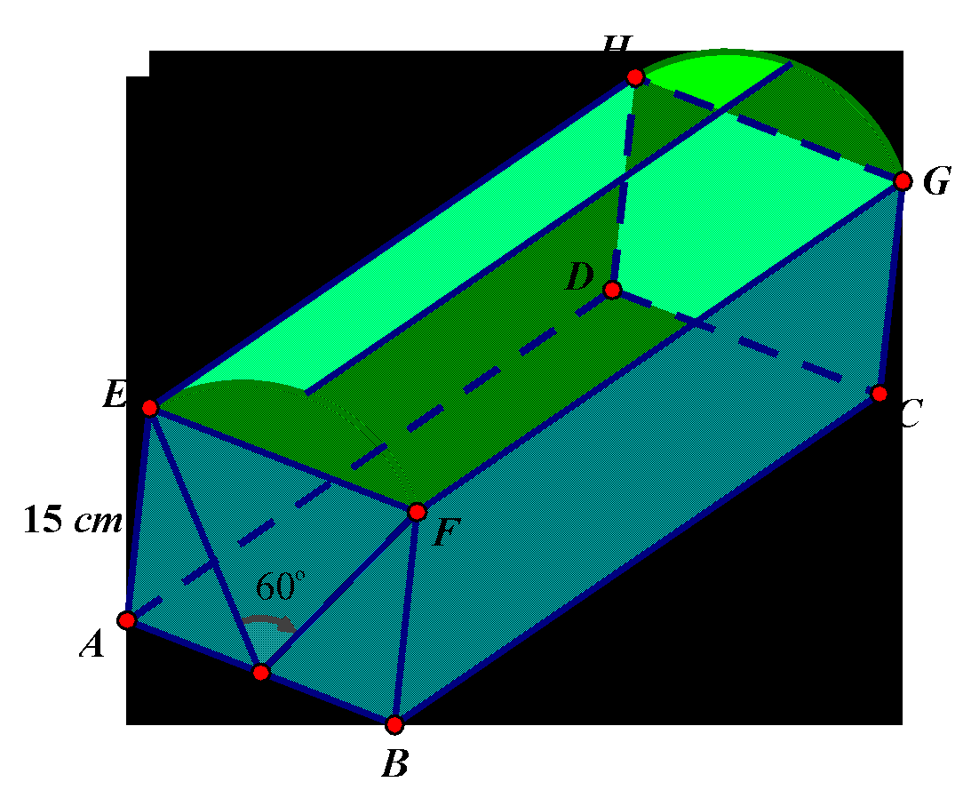 Một hộp nữ trang gồm phần thân là một hình hộp chữ nhật (ABC D.EFGH)làm bằng gỗ có (AB = AE = 15{rm{cm,}},BC = 20{rm{cm}})và phần nắp là một phần của hình trụ làm bằng kính có tâm (I)của một đáy là trung điểm (AB), bán kính (IE), (widehat {EIF} = 60^circ ) (như hình vẽ). Biết giá gỗ 2 triệu/m<sup>2</sup>, giá kính 1,5 triệu/m<sup>2</sup>. Giá vật liệu (<em>lấy gần đúng đến hàng đơn vị</em>) để làm một hộp nữ trang bằng bao nhiêu? 1
