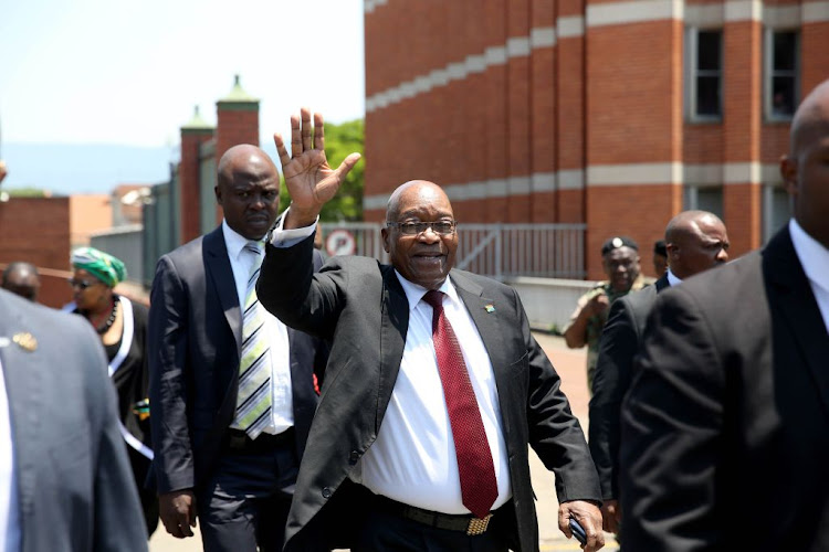 Former president Jacob Zuma leaves the Pietermaritzburg High Court to address his supporters after court proceedings against him on November 30 2018.