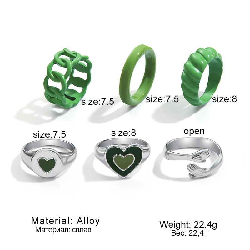 Conjunto de 6 anéis de abraço de amor com gotejamento de óleo verde de liga criativa fashion, um presente perfeito para expressar seu carinho.