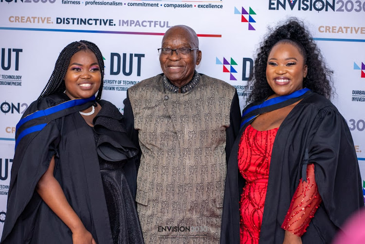 Former president Jacob Zuma with his niece Philile Zuma (left) and his daughter Bridget Zuma after their graduation ceremony.