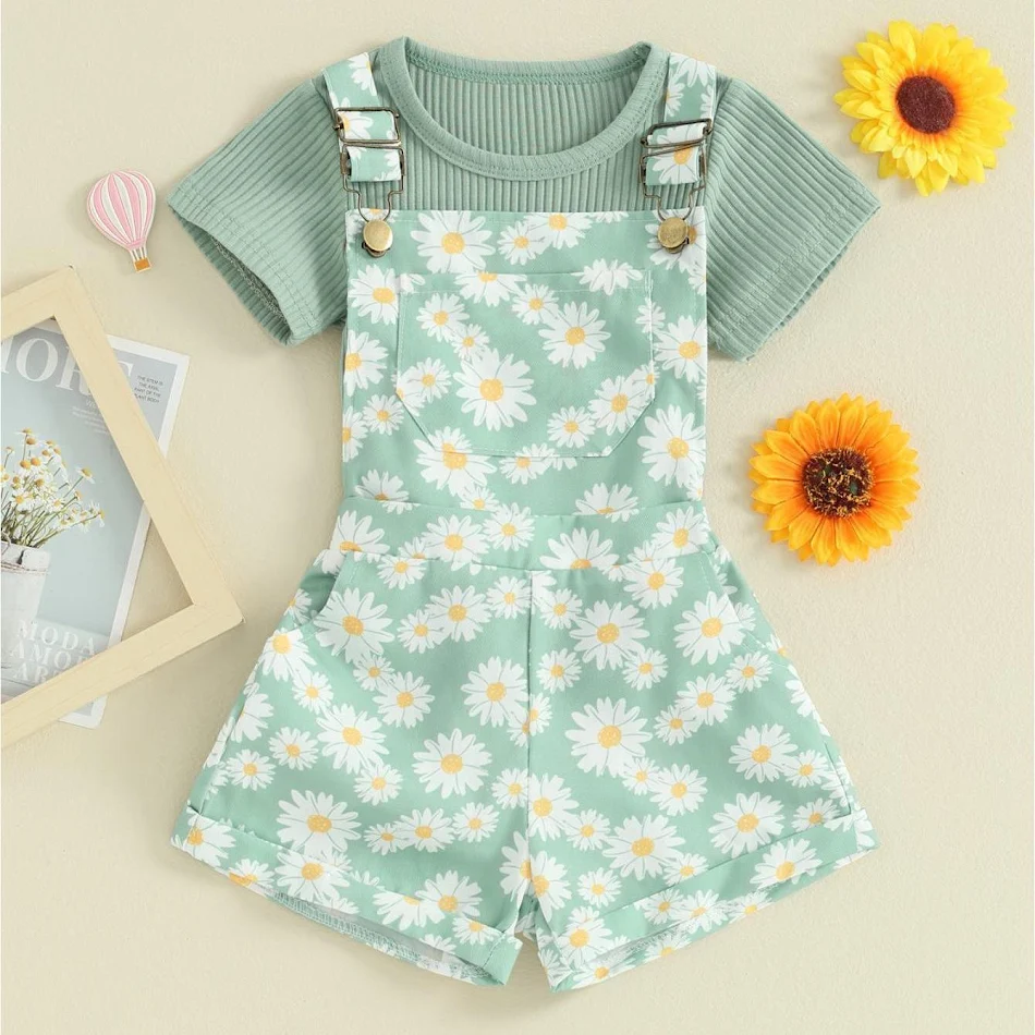 Toddler Girl Shorts Outfit Solid Color Ribbed Short Sleeve, comfortable and stylish set for your little girl, perfect fo