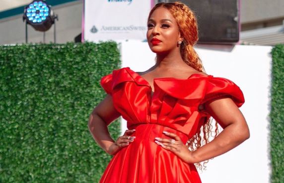 Jessica Nkosi blazed the red carpet in a red outfit.