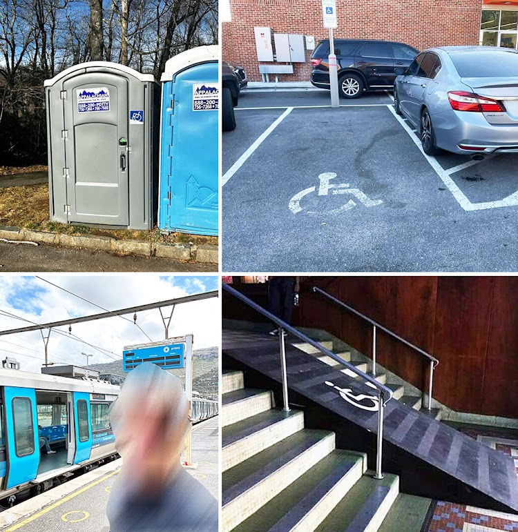 Clockwise: The photos illustrate how inaccessible many facilities are. It is impossible to get into the mobile toilets. The car is parked too close to the disabled space. That ramp for wheelchairs is so steep that two people will be needed to pull the chair up. Boarding a train is also impossible, except with the help of two people.