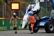 The car of Beitske Visser is removed from the circuit following a crash during qualifying ahead of W Series Round 5 at Circuit de Spa-Francorchamps on August 27, 2021 in Spa, Belgium.