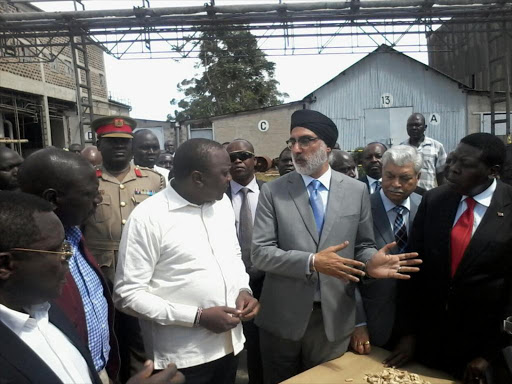 President Uhuru Kenyatta accompanied by deputy president William Ruto, Water CS Eugene Wamalwa and Bungoma governor Ken Lusaka at the Pan Paper Mills in Webuye on Thursday when he re-opened the factory. /Brian Ojama