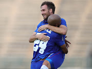 Bradley Grobler of SuperSport United celebrates a goal with teammate Sipho Mbule in the DStv Premiership match against Bloemfontein Celtic at Lucas Masterpieces Moripe Stadium on January 13 2021.