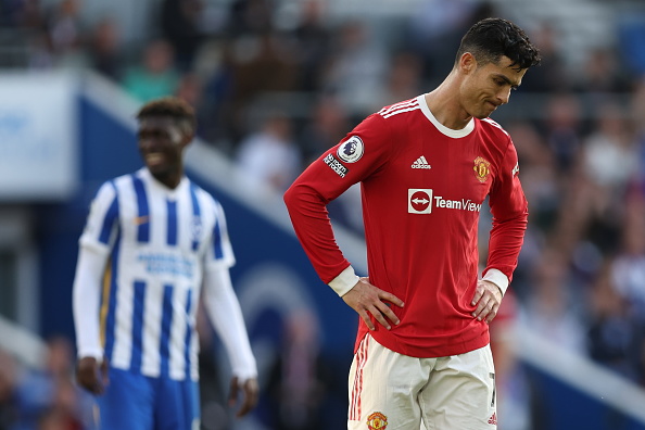 Cristiano Ronaldo of Manchester United dejected during the Premier League match against Brighton & Hove Albion at the American Express Community Stadium on May 7, 2022.