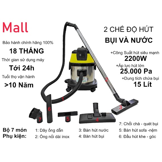 Máy Hút Bụi Đa Năng - 7 Phụ Kiện Hút - Công Suất Hút Siêu Mạnh 2200W Hút Gia Đình - Oto - Daviclean Dv1 - 15Jp - 1 Lõi Lọc