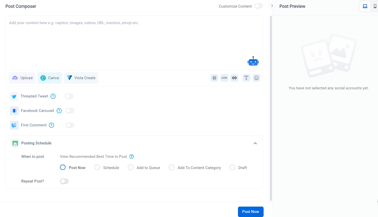 The backend page for posting a post through ContnetStudio, where you can compose a post, upload content, and then post now or schedule for later posting. 