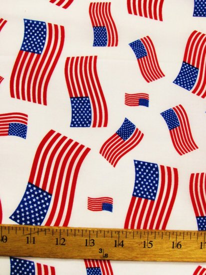 American Flags Poly Cotton Printed Fabric / White / Sold By The Yard [TC-FLAGS-WHITE]