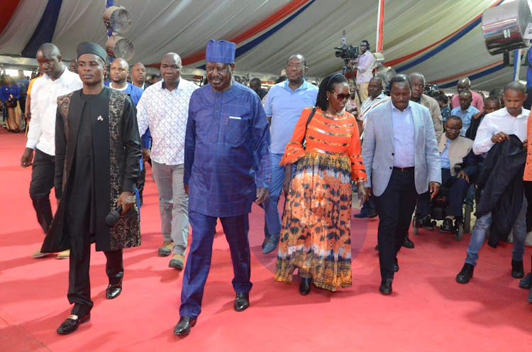 Azimio presidential candidate Raila Odinga, running mate Martha Karua, Wiper party leader Kalonzo Musyoka and other leaders during a church service at JTM Donholm on August 21st 2022.