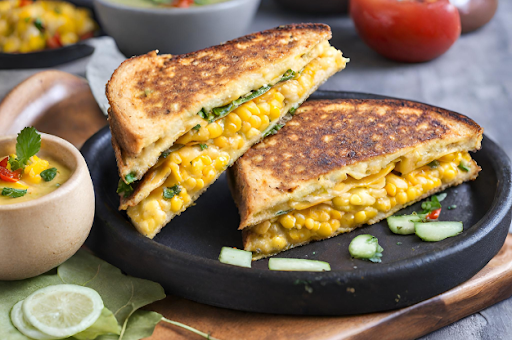 Grilled Masala Omelette and Corn Cheese Sandwich