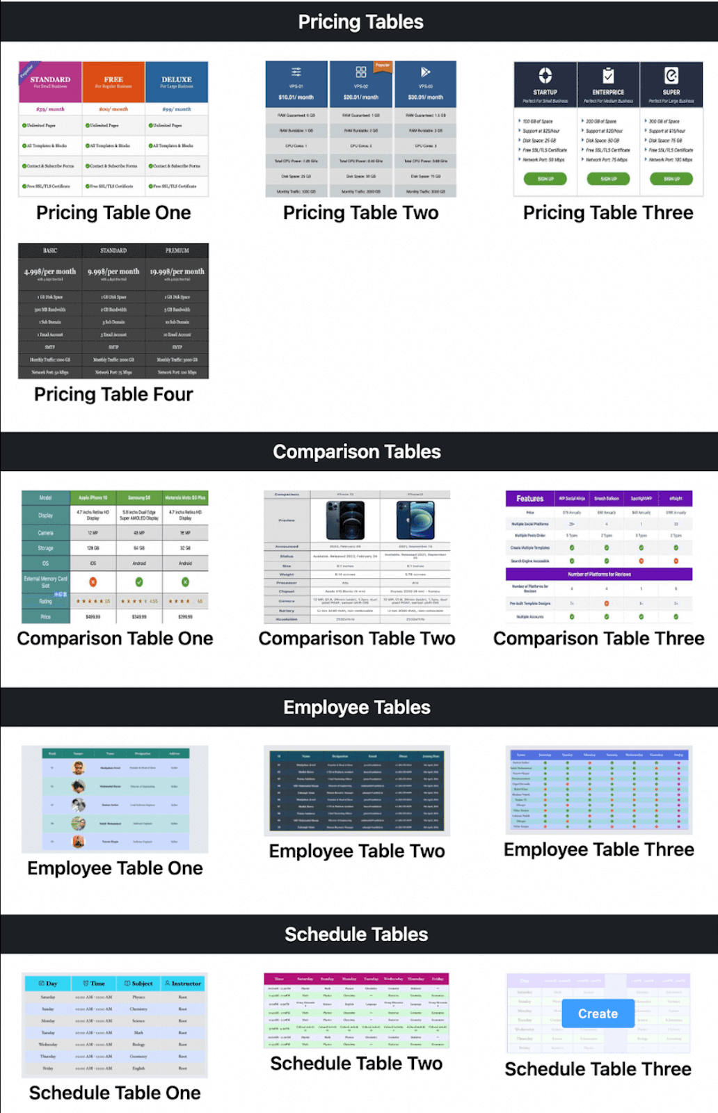 premade WordPress table templates