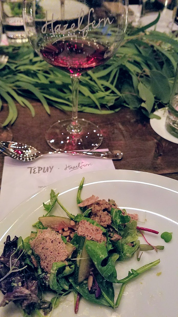 Harvest Dinner with Tepuy at Hazelfern Cellars, Family Style platter of Micro Green Salad with zucchini flower romesco, amaranth and quinoa chips, pickled watermelon, citrus vinaigrette, and beet powder