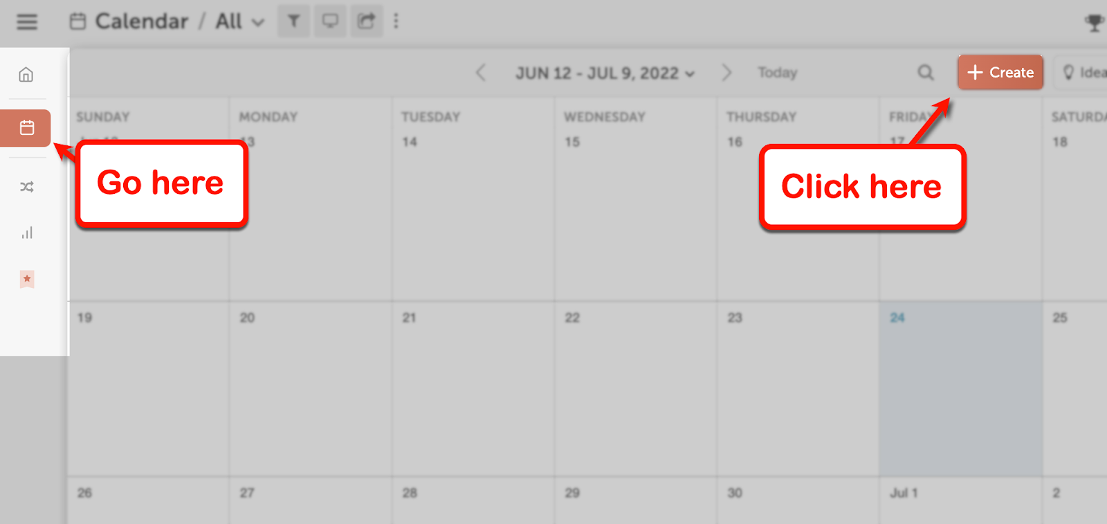 CoSchedule's calendar with the "Create" button highlighted