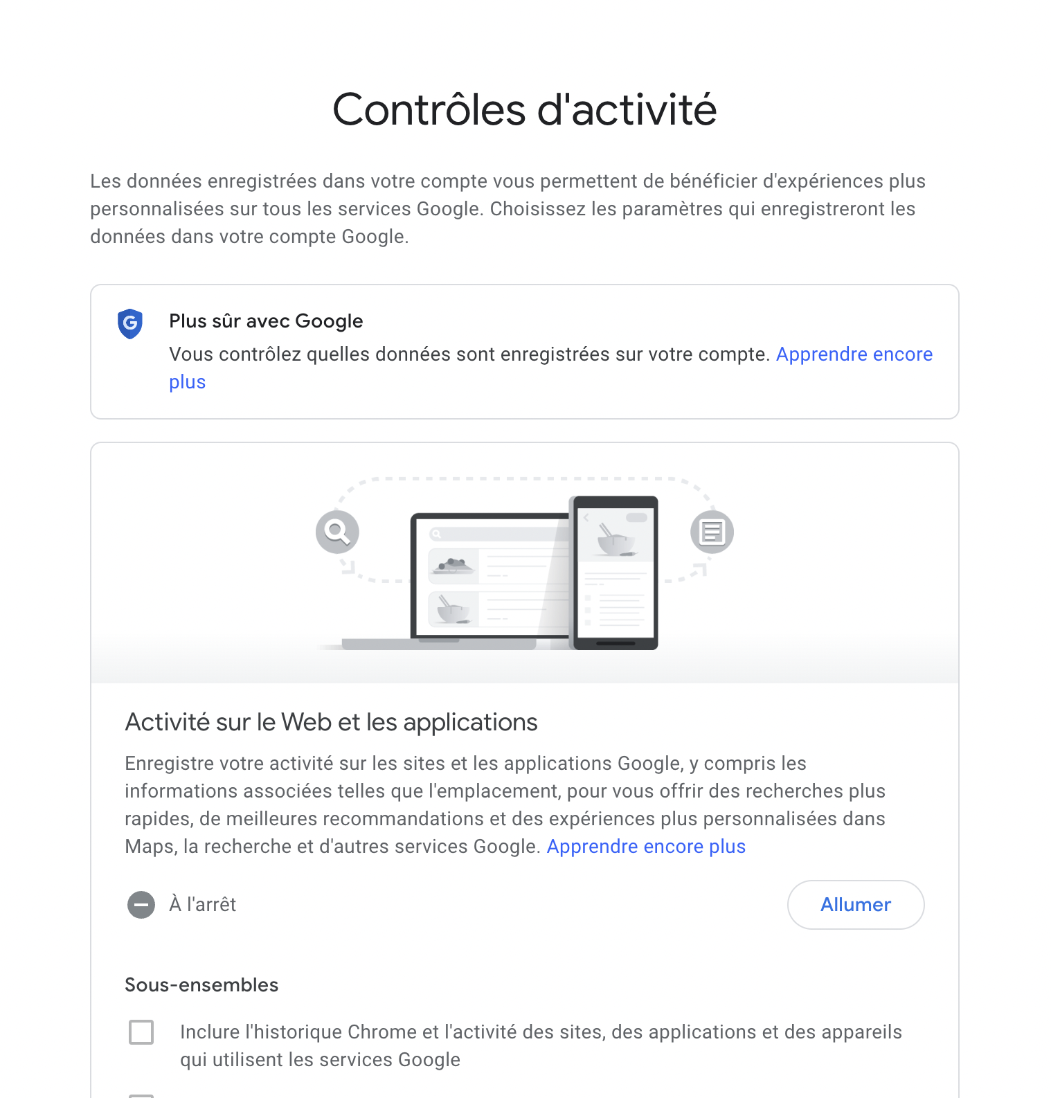 Capture écran de l'onglet Google Contrôles d'activité