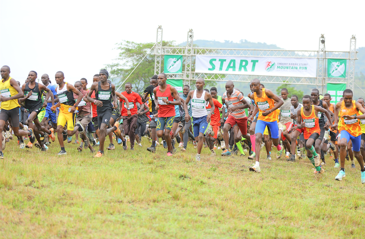 Athletes take off after being flagged off by Deputy President Rigathi Gachagua during the Tinderet Barng'etuny Mountain Running Race.