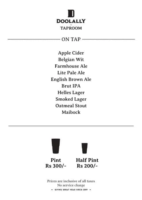 Doolally Taproom menu 