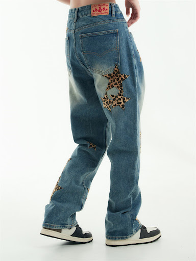 Title 8, Leopard Print Five-pointed Star Jeans for Men a...