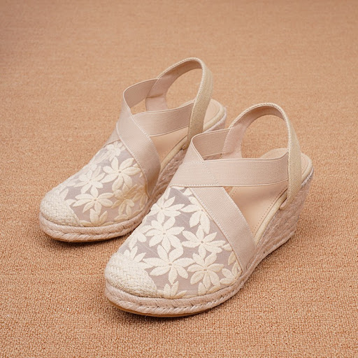 Title 6, Wedge Straw Mesh Embroidered Retro Womens Fash...