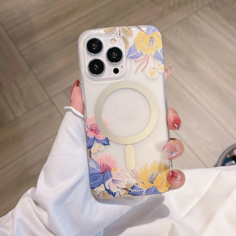 Magnetic Suction Clear Frosted Flower Phone Case. Protect and showcase your phone with this stylish and easy-to-use case