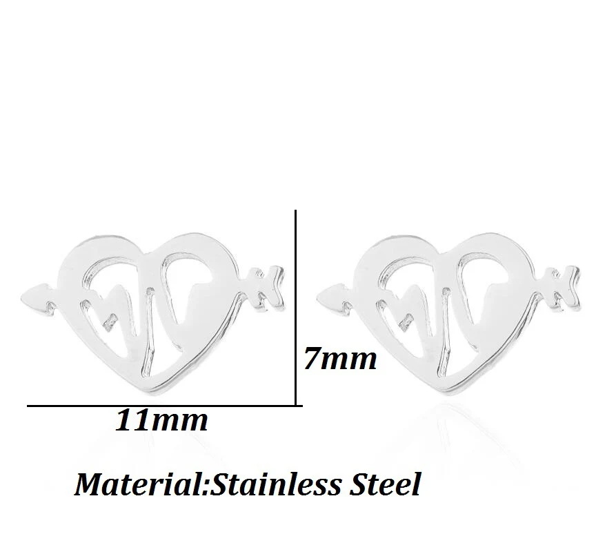 Brincos de pressão femininos em aço inoxidável, formato de coração com flecha, design simples e moderno, perfeitos para um visual discreto e elegante.