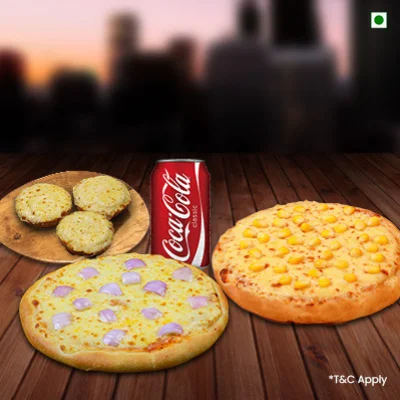 Onion Pizza + Sweet Corn Pizza + Cheesy Garlic Bread + Coke