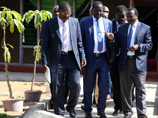 NASA leaders Moses Wetangula, Raila Odinga, Musalia Mudavadi and Kalonzo Musyoka at the Bomas of Kenya October 3, 2017. FILE