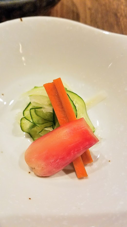 Nodoguro Twin Peaks themed dinner. The next three were served almost together, Pickles of fennel and cucumber with pickled yuzu skin and cucumber and radish; A rice dish with toasted corn mixed in the rice rice with sea Urchin and mushroom and salmon and some salmon roe cured with sea salt and dashi; and Miso soup