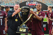 Stellenbosch FC coach Steve Barker (left) and striker Iqraam Rayners during the Carling Knockout final match against TS Galaxy at Moses Mabhida Stadium on December 16, 2023.