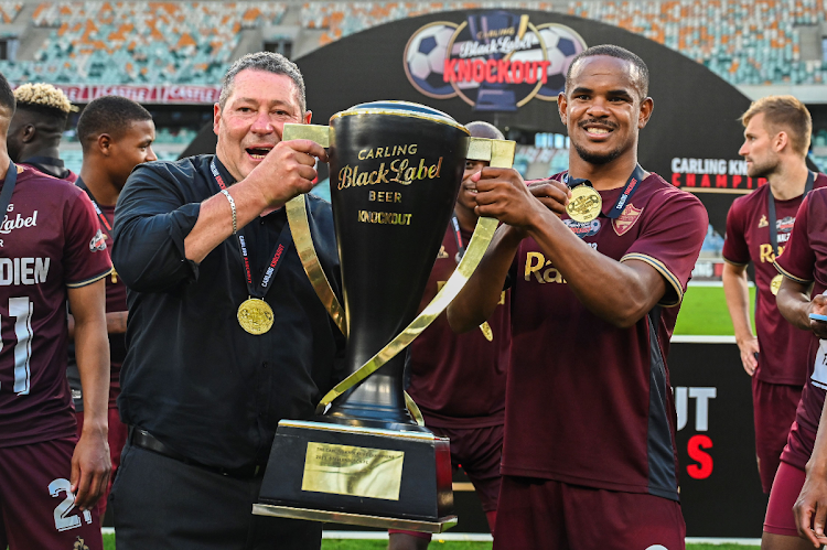 Stellenbosch FC coach Steve Barker (left) and striker Iqraam Rayners during the Carling Knockout final match against TS Galaxy at Moses Mabhida Stadium on December 16, 2023.